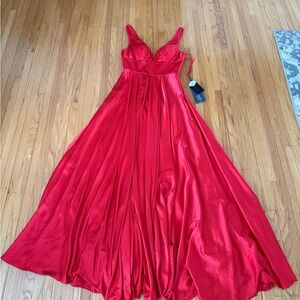 Cinderella Red Satin Maxi Dress with V-Neck Bodice